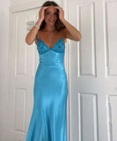 Niulatu Blue?? Spaghetti Strap Mermaid Gown for Prom&Party Sleeveless Satin Vintage Formal Evening Dress HZ1103