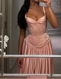 Niulatu Spaghetti Straps A Line Prom Dress Satin Pink Long Bridesmaid Dresses HZ1103