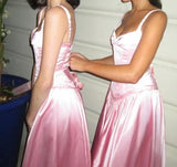 Niulatu Spaghetti Straps A Line Prom Dress Satin Pink Long Bridesmaid Dresses HZ1103