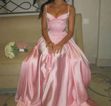 Niulatu Spaghetti Straps A Line Prom Dress Satin Pink Long Bridesmaid Dresses HZ1103