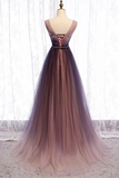 Niulatu Deep V neck Pleated Purple Tulle Formal Prom Dress Flowing HZ1103