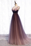 Niulatu Deep V neck Pleated Purple Tulle Formal Prom Dress Flowing HZ1103