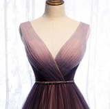 Niulatu Deep V neck Pleated Purple Tulle Formal Prom Dress Flowing HZ1103