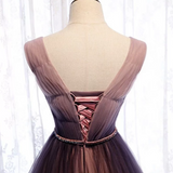Niulatu Deep V neck Pleated Purple Tulle Formal Prom Dress Flowing HZ1103