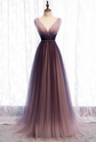 Niulatu Deep V neck Pleated Purple Tulle Formal Prom Dress Flowing HZ1103