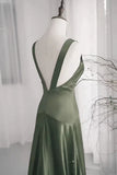 Niulatu A-Line Dark Green SatinV-Neckline Low Back Prom Dress, Dark Green Formal Dress HZ1103