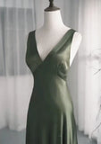 Niulatu A-Line Dark Green SatinV-Neckline Low Back Prom Dress, Dark Green Formal Dress HZ1103