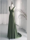 Niulatu A-Line Dark Green SatinV-Neckline Low Back Prom Dress, Dark Green Formal Dress HZ1103