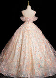 Niulatu A-line Spaghetti Straps Lace Tulle Flowers Sweetheart Long Prom Dress, Pink Off Shoulder Sweet 16 Dress HZ1103