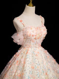Niulatu A-line Spaghetti Straps Lace Tulle Flowers Sweetheart Long Prom Dress, Pink Off Shoulder Sweet 16 Dress HZ1103
