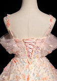 Niulatu A-line Spaghetti Straps Lace Tulle Flowers Sweetheart Long Prom Dress, Pink Off Shoulder Sweet 16 Dress HZ1103