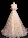 Niulatu A-line Spaghetti Straps Lace Tulle Flowers Sweetheart Long Prom Dress, Pink Off Shoulder Sweet 16 Dress HZ1103