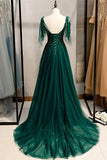Niulatu A-line V-Neck Tulle Beaded Long Prom Dress, Elegant Spaghetti Straps Lace Evening Dress HZ1103