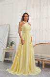 Niulatu Front Pale Yellow Pleated Chiffon Long Bridesmaid Dress Long Prom Dress HZ1103