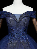 Niulatu Blue A-Line Tulle Beading Off Shoulder Party Dress, Navy Blue Lace Applique Sequin Prom Dress HZ1103