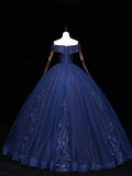 Niulatu Blue A-Line Tulle Beading Off Shoulder Party Dress, Navy Blue Lace Applique Sequin Prom Dress HZ1103