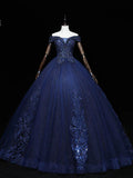 Niulatu Blue A-Line Tulle Beading Off Shoulder Party Dress, Navy Blue Lace Applique Sequin Prom Dress HZ1103