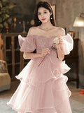 Niulatu A-line Off Shoulder Tulle Sequins Long Prom Dress, Pink Sweet 16 Dress HZ1103