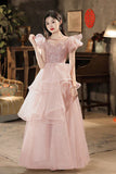 Niulatu A-line Off Shoulder Tulle Sequins Long Prom Dress, Pink Sweet 16 Dress HZ1103