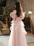 Niulatu A-line Off Shoulder Tulle Sequins Long Prom Dress, Pink Sweet 16 Dress HZ1103