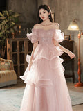 Niulatu A-line Off Shoulder Tulle Sequins Long Prom Dress, Pink Sweet 16 Dress HZ1103