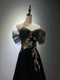 Niulatu A-line Off Shoulder Tulle Velvet Long Prom Dress,Sequin Formal Evening Dress HZ1026