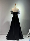 Niulatu A-line Off Shoulder Tulle Velvet Long Prom Dress,Sequin Formal Evening Dress HZ1026