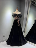 Niulatu A-line Off Shoulder Tulle Velvet Long Prom Dress,Sequin Formal Evening Dress HZ1026