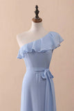 Niulatu A-Line One-Shoulder Ruffled Chiffon Long Bridesmaid Dress Prom Dress HZ1103