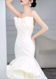 Niulatu Strapless Mermaid Wedding Dresses, Tulle Satin Tender Sleeveless Bridal Gowns HZ1103