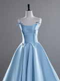 Niulatu A-Line Spaghetti Straps Satin Long Prom Dress, Blue Long Evening Dress HZ1103