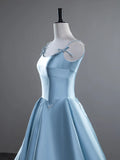 Niulatu A-Line Spaghetti Straps Satin Long Prom Dress, Blue Long Evening Dress HZ1103