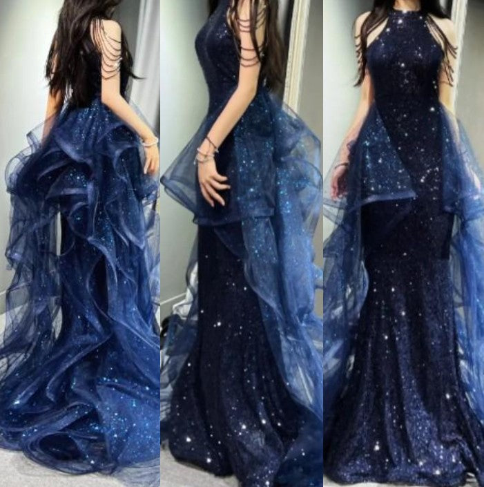 Niulatu A-Line Halter Sparkly Sequins Long Prom Dresses Navy Blue Evening Dresses HZ1026
