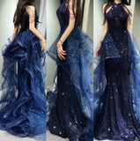 Niulatu A-Line Halter Sparkly Sequins Long Prom Dresses Navy Blue Evening Dresses HZ1026