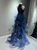 Niulatu A-Line Halter Sparkly Sequins Long Prom Dresses Navy Blue Evening Dresses HZ1026
