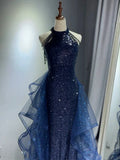 Niulatu A-Line Halter Sparkly Sequins Long Prom Dresses Navy Blue Evening Dresses HZ1026