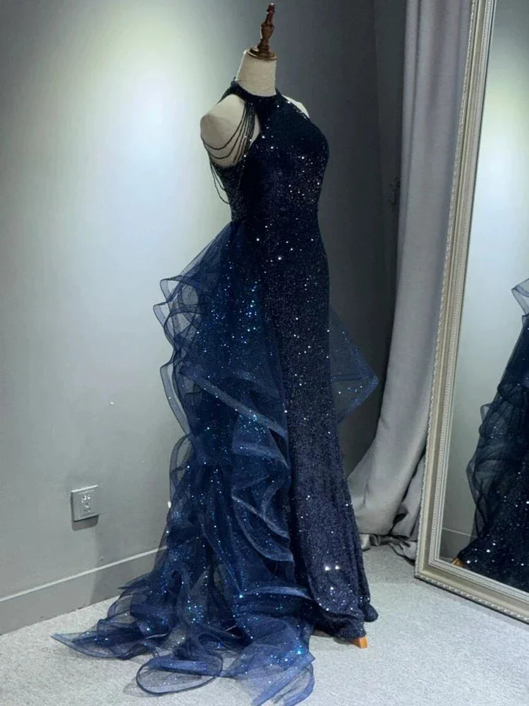 Niulatu A-Line Halter Sparkly Sequins Long Prom Dresses Navy Blue Evening Dresses HZ1026