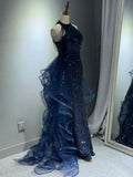 Niulatu A-Line Halter Sparkly Sequins Long Prom Dresses Navy Blue Evening Dresses HZ1026