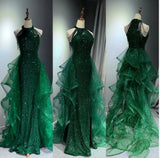 Niulatu A-Line Halter Sparkly Sequins Long Prom Dresses Navy Blue Evening Dresses HZ1026