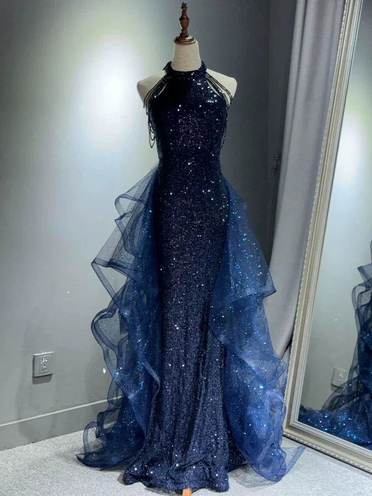 Niulatu A-Line Halter Sparkly Sequins Long Prom Dresses Navy Blue Evening Dresses HZ1026