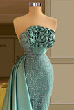 Niulatu Strapless Long Green Satin Mermaid Sleeveless Beading Prom Dresses With Ruffles Long HZ1103