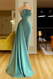 Niulatu Strapless Long Green Satin Mermaid Sleeveless Beading Prom Dresses With Ruffles Long HZ1103