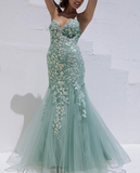 Niulatu Blue Spaghetti Straps Lace Appliques Mermaid V-Neck Tulle Long Prom Dress HZ1103