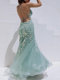 Niulatu Blue Spaghetti Straps Lace Appliques Mermaid V-Neck Tulle Long Prom Dress HZ1103
