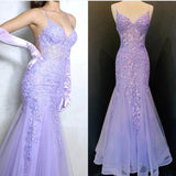 Niulatu Blue Spaghetti Straps Lace Appliques Mermaid V-Neck Tulle Long Prom Dress HZ1103