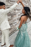Niulatu Blue Spaghetti Straps Lace Appliques Mermaid V-Neck Tulle Long Prom Dress HZ1103