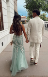 Niulatu Blue Spaghetti Straps Lace Appliques Mermaid V-Neck Tulle Long Prom Dress HZ1103