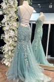 Niulatu Blue Spaghetti Straps Lace Appliques Mermaid V-Neck Tulle Long Prom Dress HZ1103