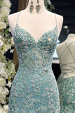 Niulatu Blue Spaghetti Straps Lace Appliques Mermaid V-Neck Tulle Long Prom Dress HZ1103