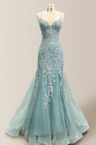 Niulatu Blue Spaghetti Straps Lace Appliques Mermaid V-Neck Tulle Long Prom Dress HZ1103